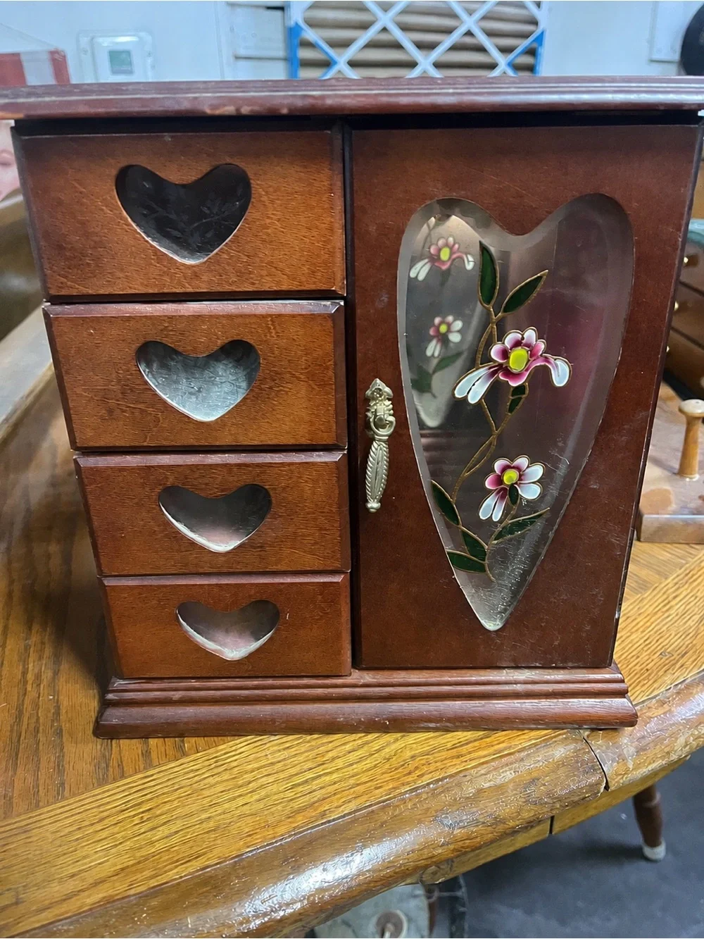 Wooden Jewelry Box with Heart Accents - Brown